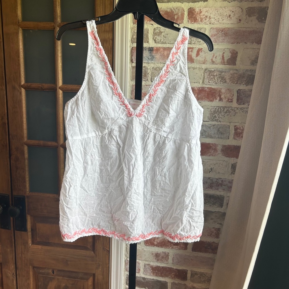 Shabby Chic Tank Top Womens White Peach Embroidered Swiss Dot Boho Large